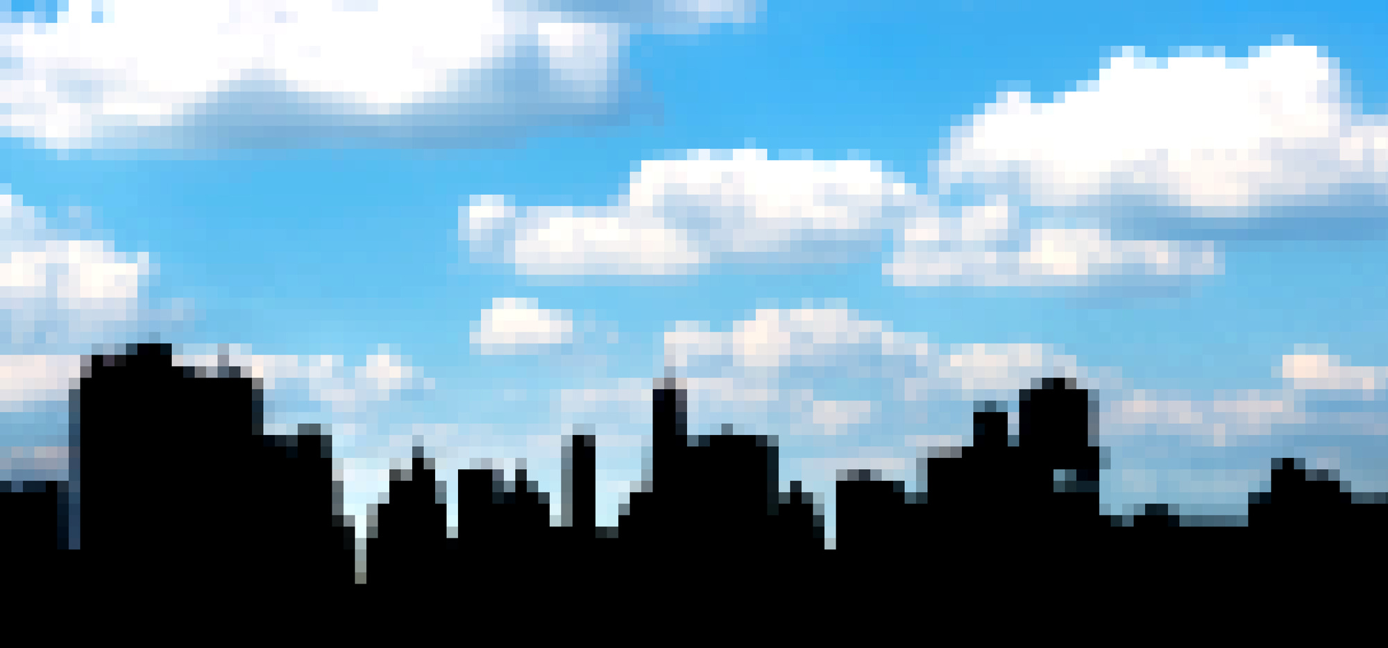 New York City panoramic skyline buildings with pixelated 8-bit e